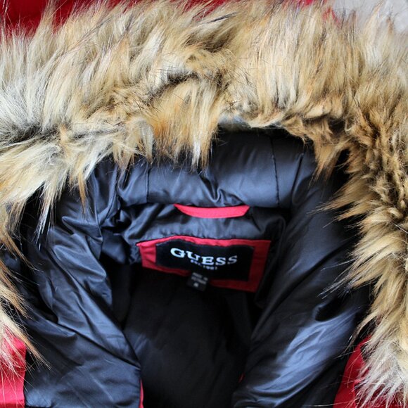 Guess Men's Red Faux-Fur Trim Hooded Long Snorkel Parka Coat Jacket Size Medium - Picture 5 of 5